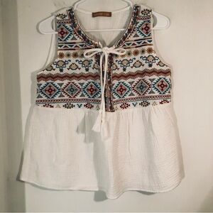 Emmer & Oat Womens Embroidered Southwestern Design Tank Top Sz. M Tassels Cotton
